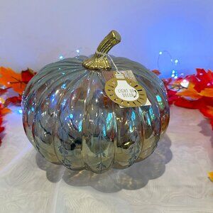 Halloween 9.5 inch etched glass LED pumpkin